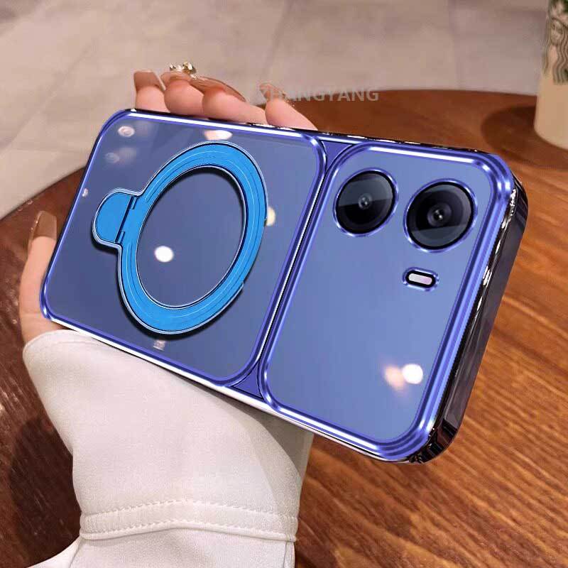 Ốp Lưng Cho POCO M7 4G Vỏ Điện Thoại Trong Suốt Mạ Điện Cửa Sổ Lớn Mới Với Thiết Kế Giá Đỡ Điện Thoại Rỗng Kim Loại Thẩm Mỹ