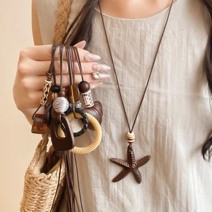 Boho Handmade Mặt Dây Chuyền Bằng Gỗ Dây Chuyền Dài, Các Loại Cutout & Sao Biển Trái Tim Gỗ Quyến Rũ Nâu Dây Sáp Áo Len Dây Xích Nữ