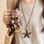 Boho Handmade Mặt Dây Chuyền Bằng Gỗ Dây Chuyền Dài, Các Loại Cutout & Sao Biển Trái Tim Gỗ Quyến Rũ Nâu Dây Sáp Áo Len Dây Xích Nữ