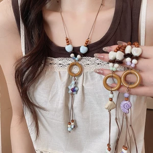 Áo Len Dài Vòng Cổ Boho Nâu Dây Sáp Dây Cổ, Vòng Tròn Gỗ Handmade Bằng Kính Gốm Vỏ Biển Sao Conch Mặt Dây Chuyền Vòng Cổ Có Thể Điều Chỉnh Cho Nữ