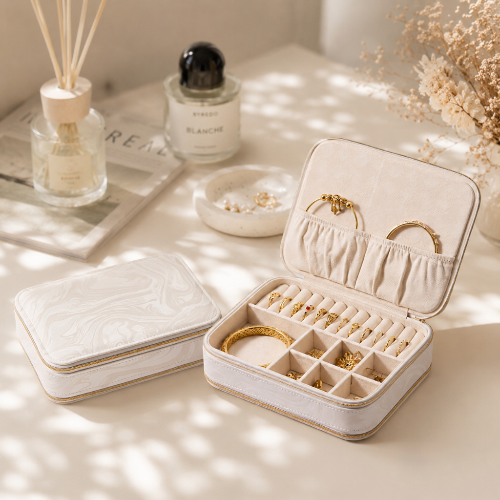 CASEGRACE Dây Kéo Đôi Hai Mặt Hộp Trang Sức Da PU Di Động Du Lịch Tổ Chức Với Ngăn Khác Nhau Cho Dây Chuyền Nhẫn Bông Tai Hộp Quà Tặng