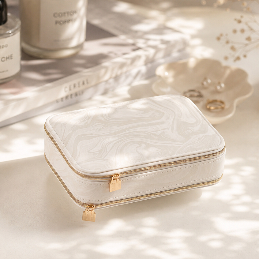 CASEGRACE Dây Kéo Đôi Hai Mặt Hộp Trang Sức Da PU Di Động Du Lịch Tổ Chức Với Ngăn Khác Nhau Cho Dây Chuyền Nhẫn Bông Tai Hộp Quà Tặng