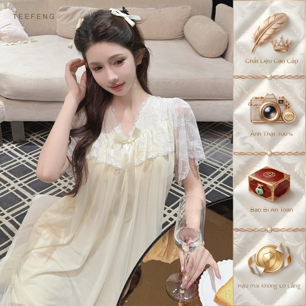 TEEFENG Váy Ngủ Nữ Lưới Modal Ren Công Chúa Nơ Tay Ngắn Có Miếng Lót Ngực Mùa Hè Mỏng Homewear