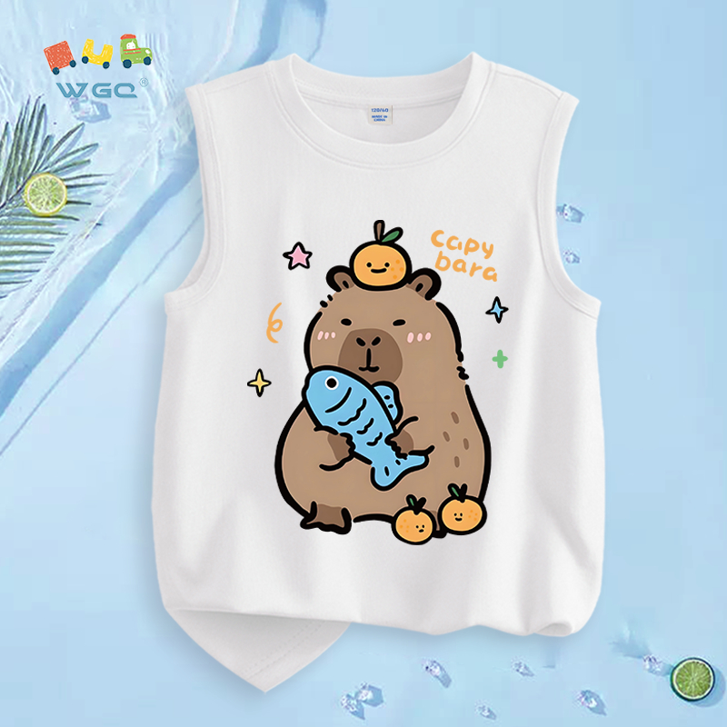 W.G.Q  Áo Ba Lỗ bé trai，vải Cotton nguyên chất，mềm mại thoải mái thoáng khí thấm mồ hôi，có in capybara