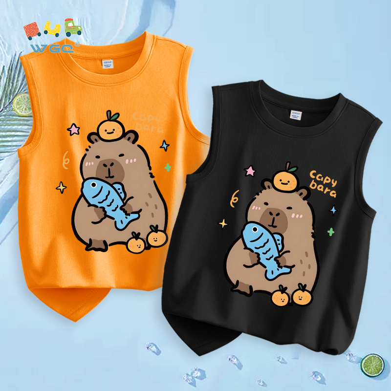 W.G.Q  Áo Ba Lỗ bé trai，vải Cotton nguyên chất，mềm mại thoải mái thoáng khí thấm mồ hôi，có in capybara