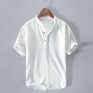 Mỹ Retro Vải Lanh Cổ Tròn Tay Ngắn Nam Plus Size 200 Thời Trang Rời Vải Lanh Áo Sơ Mi Thường Ngày VG16