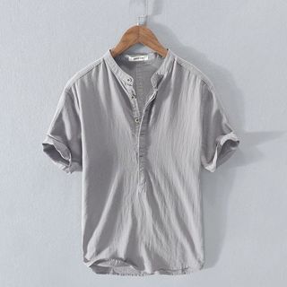 Mỹ Retro Vải Lanh Cổ Tròn Tay Ngắn Nam Plus Size 200 Thời Trang Rời Vải Lanh Áo Sơ Mi Thường Ngày VG16