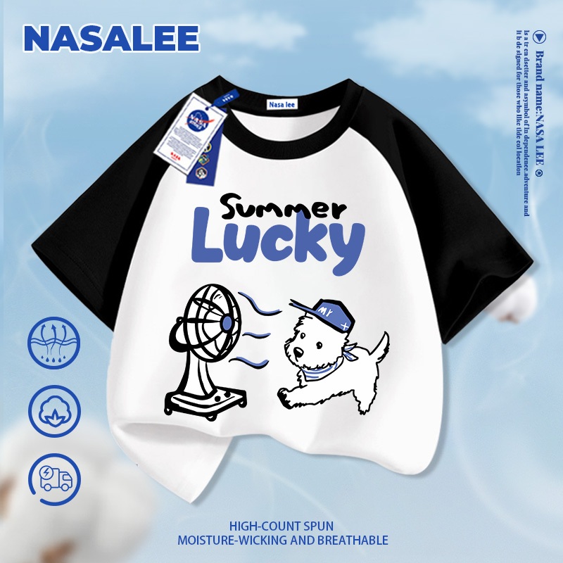 [Vận chuyển 24 giờ] Quạt thổi chó con NASA in hình trẻ em ngắn tay Cotton nguyên chất loại A cho bé trai bé gái mùa hè Áo thun mặc đường phố phong cách mới