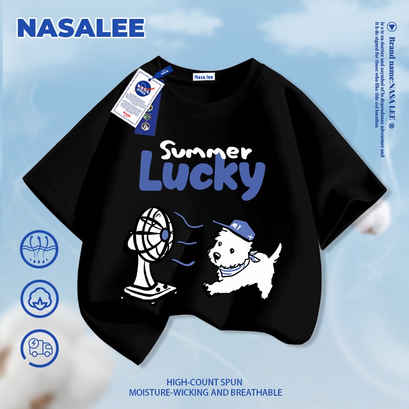 [Vận chuyển 24 giờ] Quạt thổi chó con NASA in hình trẻ em ngắn tay Cotton nguyên chất loại A cho bé trai bé gái mùa hè Áo thun mặc đường phố phong cách mới