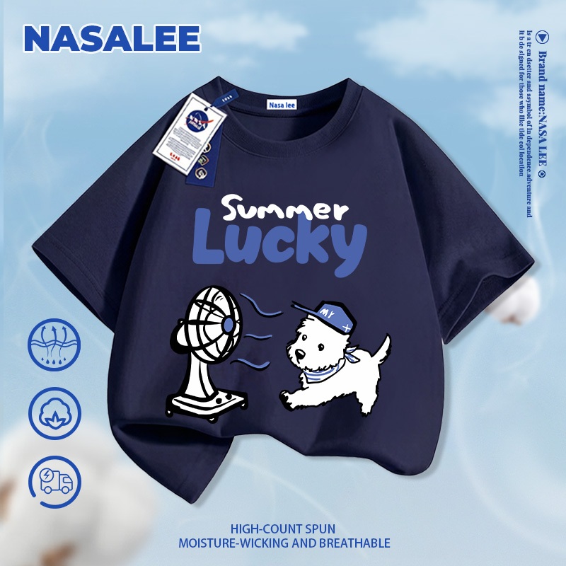 [Vận chuyển 24 giờ] Quạt thổi chó con NASA in hình trẻ em ngắn tay Cotton nguyên chất loại A cho bé trai bé gái mùa hè Áo thun mặc đường phố phong cách mới