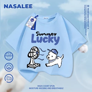 Quạt thổi chó con NASA in hình trẻ em ngắn tay Cotton nguyên chất loại A cho bé trai bé gái mùa hè Áo thun mặc đường phố phong cách mới
