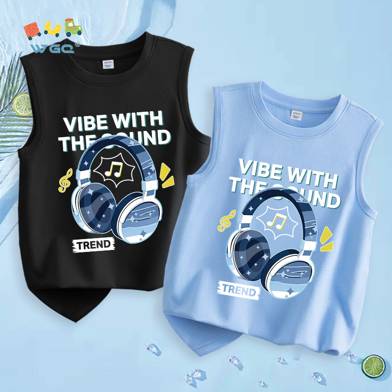 W.G.Q  Áo Ba Lỗ  bé trai，vải Cotton nguyên chất，mềm mại thoải mái thoáng khí thấm mồ hôi，có in tai nghe