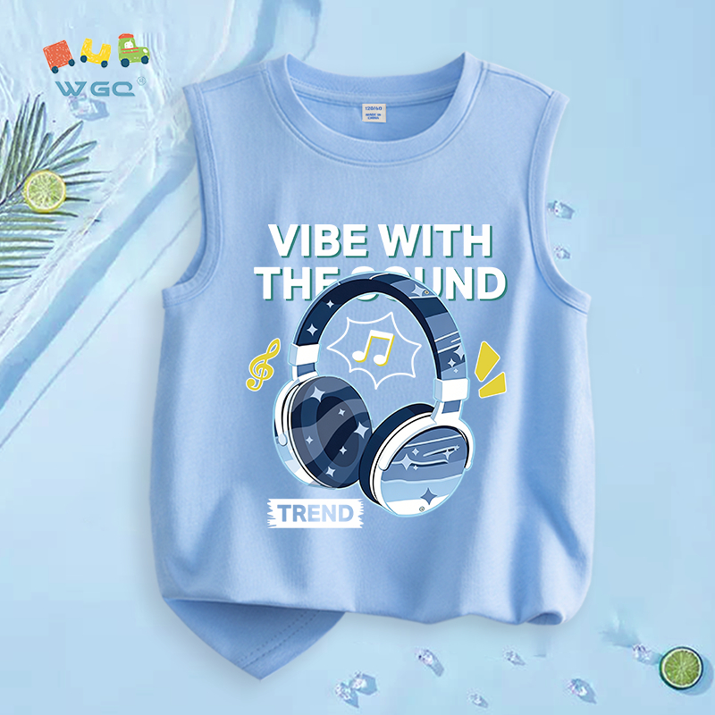 W.G.Q  Áo Ba Lỗ  bé trai，vải Cotton nguyên chất，mềm mại thoải mái thoáng khí thấm mồ hôi，có in tai nghe