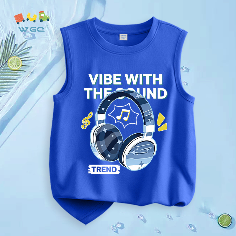 W.G.Q  Áo Ba Lỗ  bé trai，vải Cotton nguyên chất，mềm mại thoải mái thoáng khí thấm mồ hôi，có in tai nghe