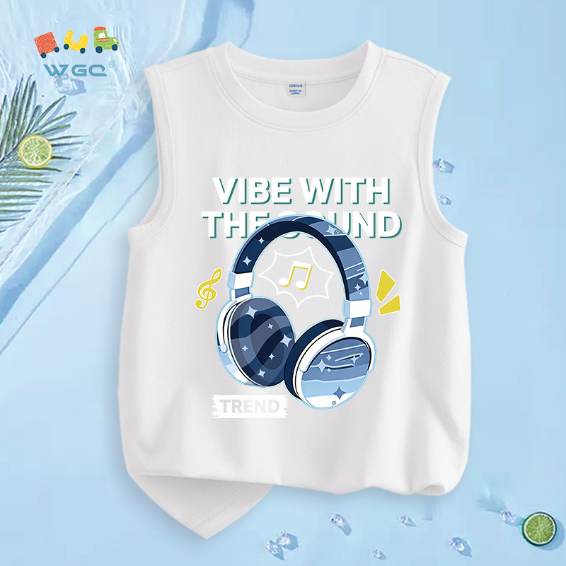 W.G.Q  Áo Ba Lỗ  bé trai，vải Cotton nguyên chất，mềm mại thoải mái thoáng khí thấm mồ hôi，có in tai nghe