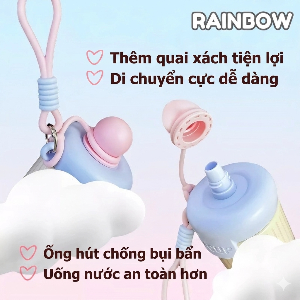 Bình Giữ Nhiệt Inox 316 Cao Cấp 600ml Có Ống Hút Hoạt Hình Dễ Thương Cho Bé Đi Học Có Quai Xách