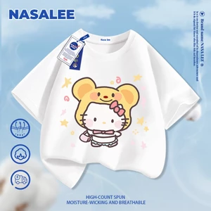 Mũ đội đầu hình gấu Hello Kitty in hình trẻ em ngắn tay Cotton nguyên chất loại A cho bé trai bé gái mùa hè Áo thun mặc đường phố phong cách mới