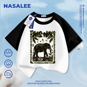 NASA Retro Phong cách nhiệt đới in hình voi cho trẻ em Áo thun Cotton ngắn tay nguyên chất loại A cho bé trai bé gái mùa hè Áo thun mặc đường phố phong cách mới