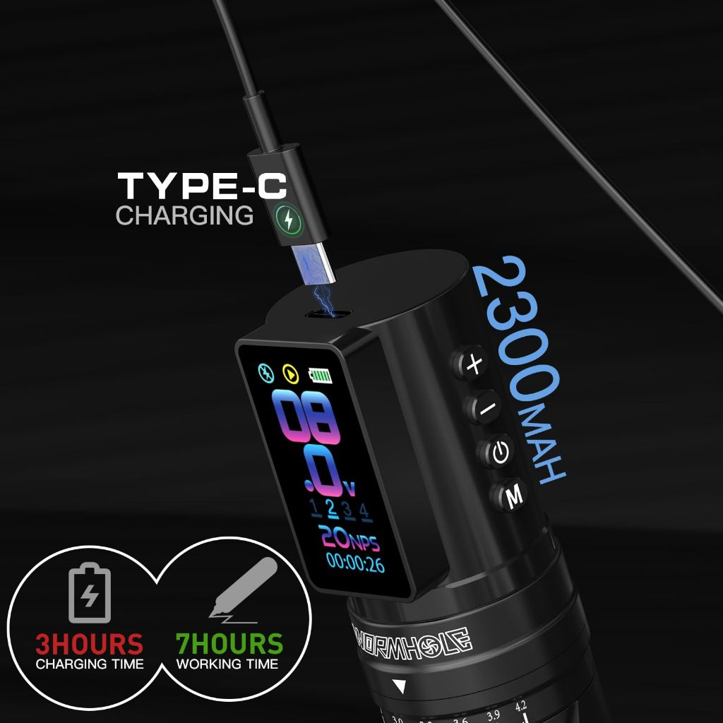 Máy xăm không dây với 7 nét có thể điều chỉnh & Pin 2300mAh - Chế độ bình thường / Khởi động nhảy / Chấm