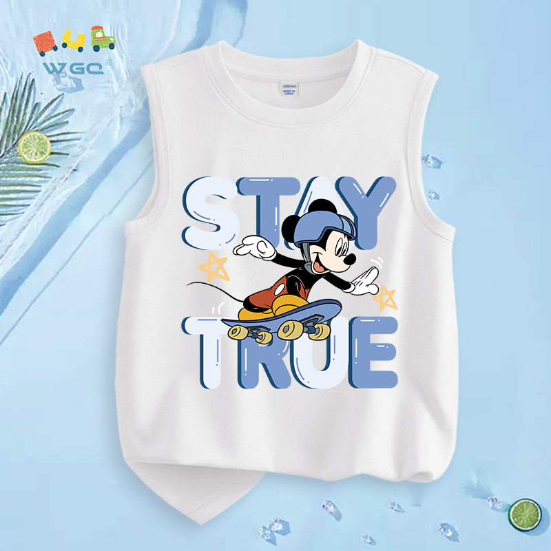 W.G.Q  Áo Ba Lỗ bé trai，vải Cotton nguyên chất，mềm mại thoải mái，thấm mồ hôi thoáng khí，có in ván trượt