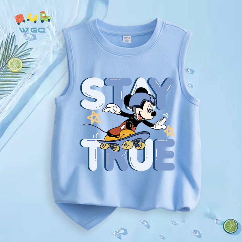 W.G.Q  Áo Ba Lỗ bé trai，vải Cotton nguyên chất，mềm mại thoải mái，thấm mồ hôi thoáng khí，có in ván trượt