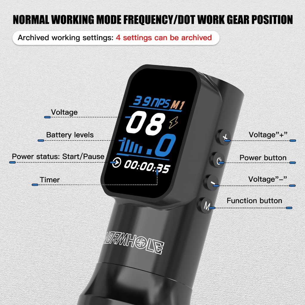 Súng xăm không dây Wormhole 1500mAh Hợp kim nhôm có chế độ làm việc chấm cho nghệ sĩ xăm hình chuyên nghiệp