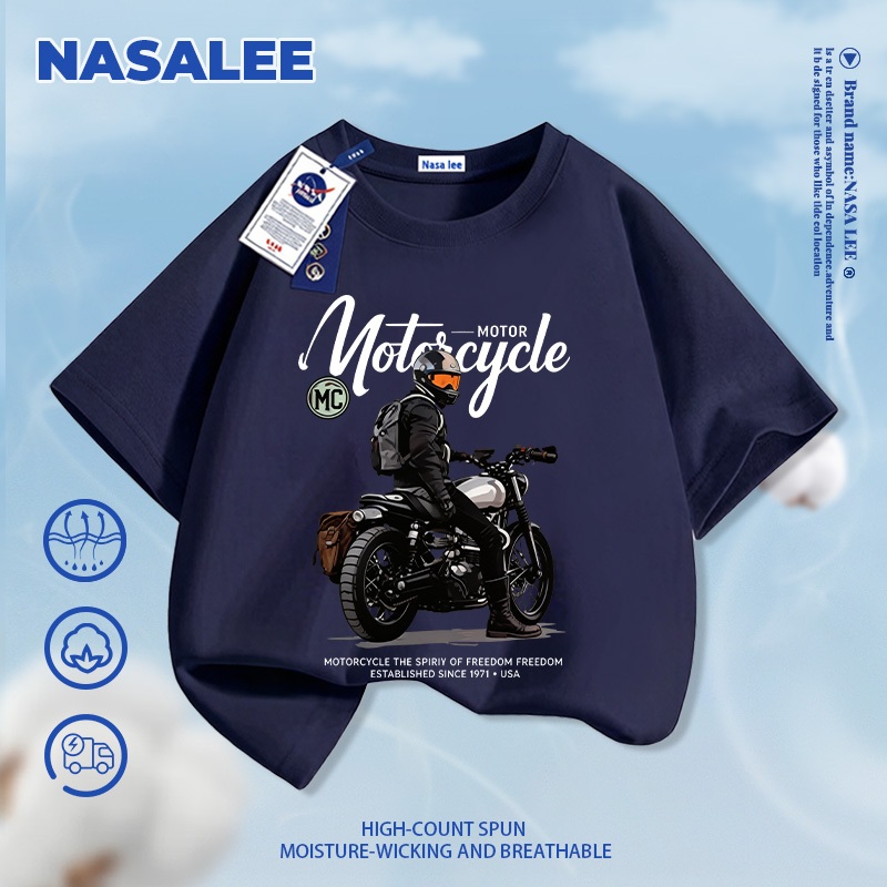 [Vận chuyển 24 giờ] NASA Phong cách Mỹ Xe máy in hình trẻ em ngắn tay Cotton nguyên chất loại A Bé trai Bé gái Mùa hè Phong cách mới Áo thun mặc đường phố
