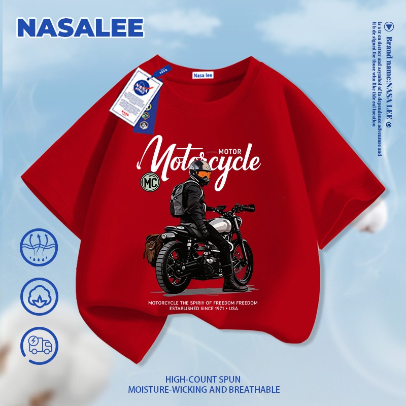 [Vận chuyển 24 giờ] NASA Phong cách Mỹ Xe máy in hình trẻ em ngắn tay Cotton nguyên chất loại A Bé trai Bé gái Mùa hè Phong cách mới Áo thun mặc đường phố