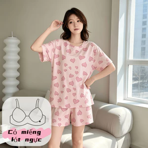 【Bộ có đệm ngực】Đồ mặc nhà nữ bộ tay ngắn quần đùi cotton xuân hè cổ trơn trơn màu in hình đáng yêu mặc ở nhà ra ngoài