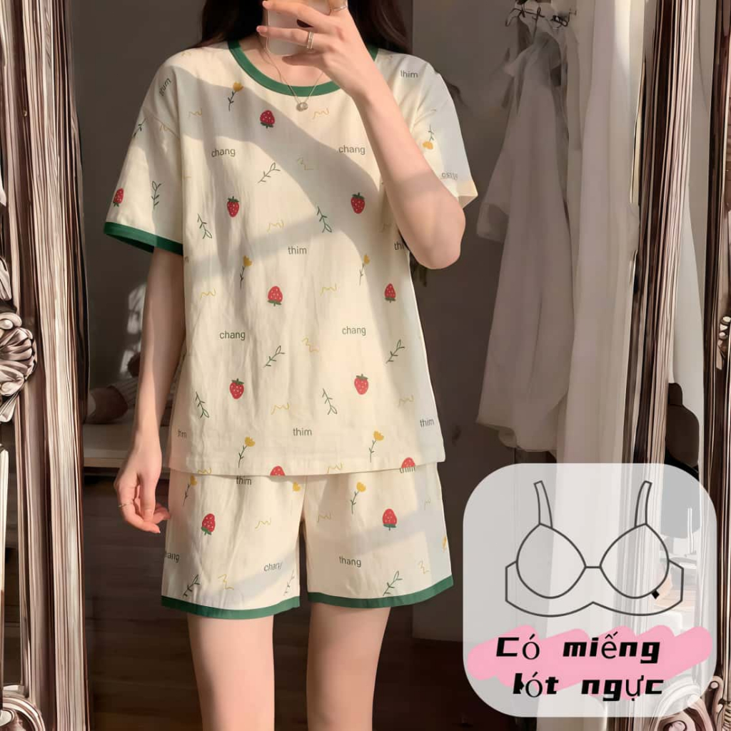 【Bộ có đệm ngực】Đồ mặc nhà nữ bộ tay ngắn quần đùi cotton xuân hè cổ trơn trơn màu in hình đáng yêu mặc ở nhà ra ngoài