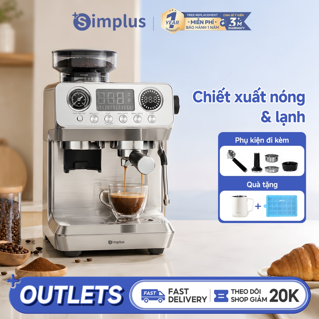 [2026] Máy pha cà phê Simplus espresso bán tự động tích hợp xay–chiết ...