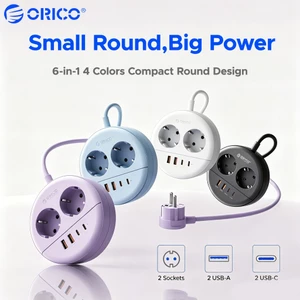Dây nguồn tròn di động ORICO 2 Ổ cắm EU + 2USB-A + 2Type-C 20W PD Dây nối dài sạc nhanh 1,5M / 3M Du lịch nhỏ gọn Euro Plug Surge Protector