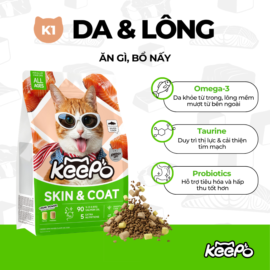 Thức ăn cho mèo KEEPO K1 Gói 50G, Omega 3 dưỡng da & lông, Tiêu hóa khỏe mạnh, Chăm sóc mắt