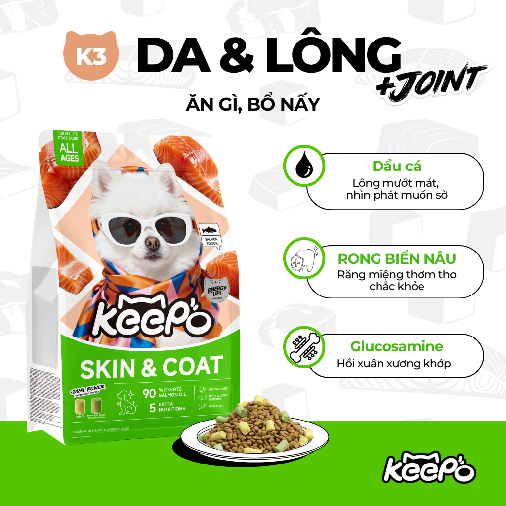 Thức ăn cho chó KEEPO K4 Combo 2 Gói 1KG chăm sóc tiêu hóa, DHA & vitamin D3 phát triển não và xương