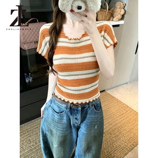 ZHELIHANGFEI Kéo ngắn tay viền nấm sọc mỏng vừa vặn
