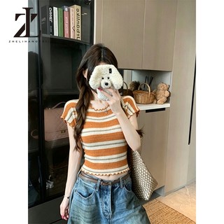 ZHELIHANGFEI Kéo ngắn tay viền nấm sọc mỏng vừa vặn