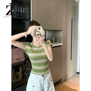 ZHELIHANGFEI Kéo ngắn tay viền nấm sọc mỏng vừa vặn