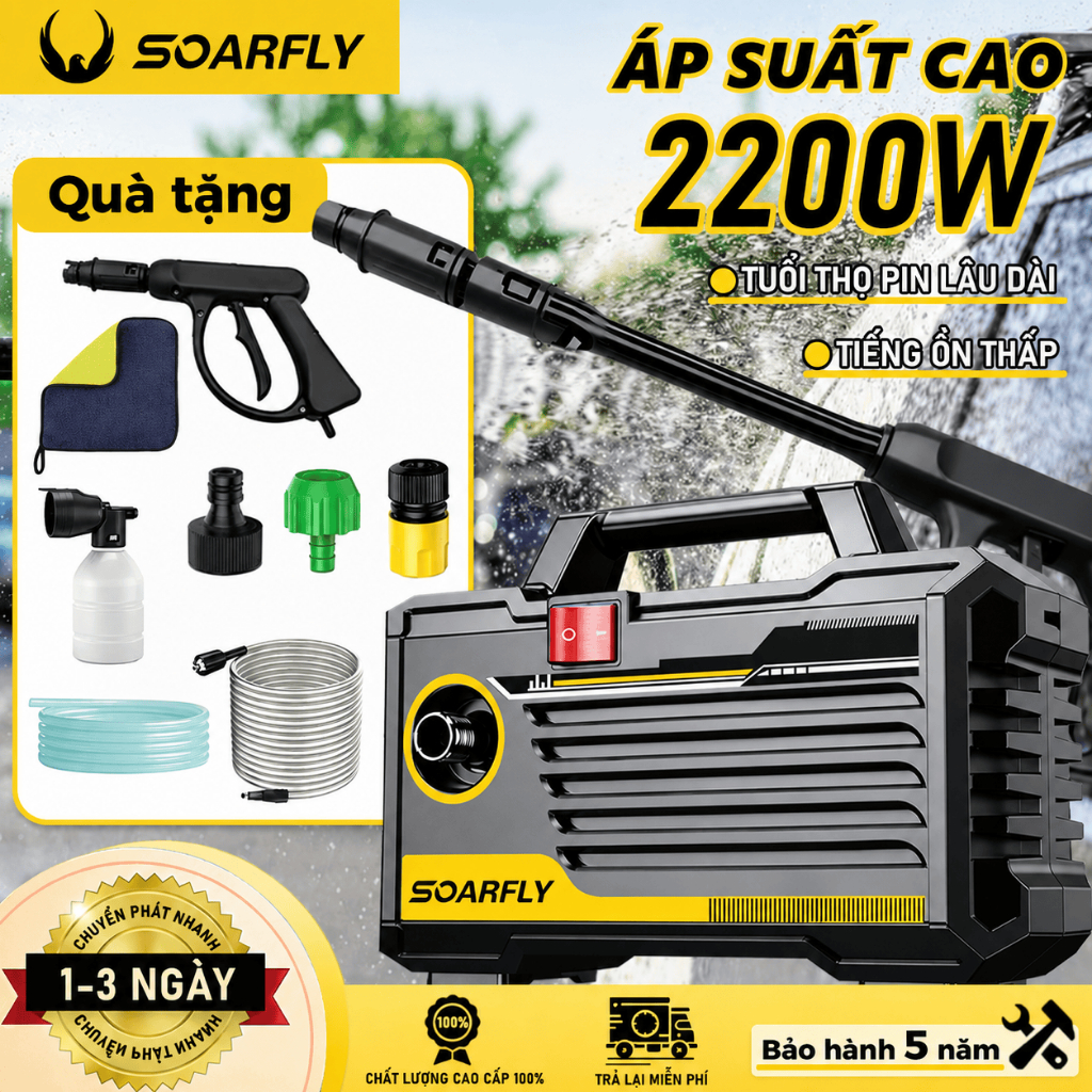 SOARFLY 2200W - Lõi đồng - Máy rửa xe mini - Máy rửa xe mini Máy rửa xe cao áp xịt gia đình tặng bình bọt tuyết