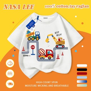 [Giao hàng trong ngày] Áo thun Cotton trắng nguyên chất thoáng khí cho trẻ em NASA Máy xúc hoạt hình In hợp thời trang 3-16 tuổi Bé trai bé gái tay ngắn thông thường