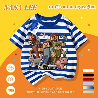 [Giao hàng trong ngày] Áo thun Cotton nguyên chất màu xanh trắng cho trẻ em NASA Áo thun Cotton thoáng khí Trò chơi hoạt hình Thiết kế phong cách Pixel Cảm giác in hợp thời trang 3-16 tuổi Bé trai bé gái tay ngắn thông thường