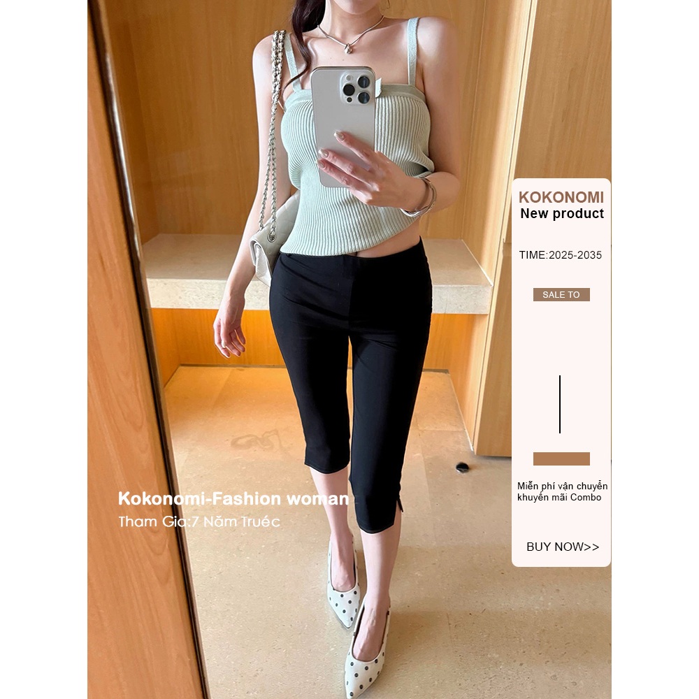 KOKONOMI Quần co giãn giữa nữ xẻ bên Quần crop Quần legging màu đen thường ngày