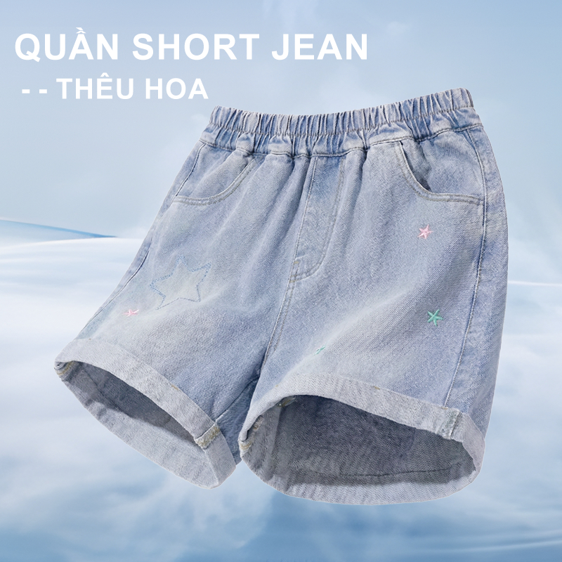 W.G.Q Quần short Denim bé gái，Thiết kế thêu phong cách mới mùa hè，mềm mại thoải mái，thời trang phù hợp