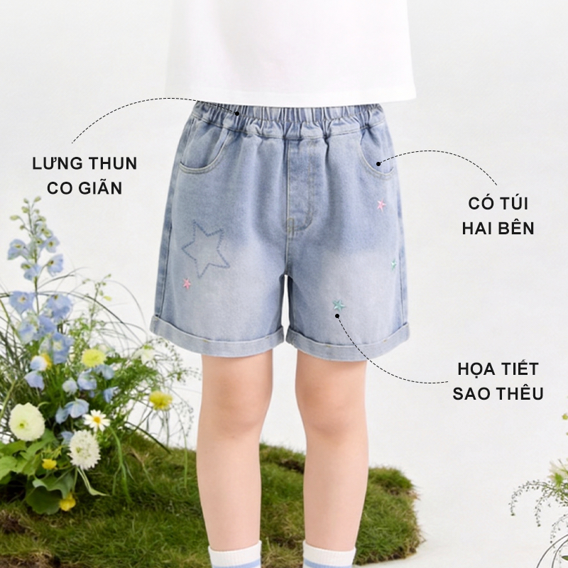 W.G.Q Quần short Denim bé gái，Thiết kế thêu phong cách mới mùa hè，mềm mại thoải mái，thời trang phù hợp