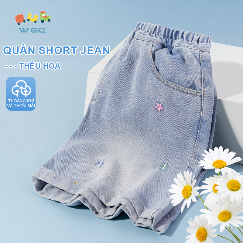 W.G.Q Quần short Denim bé gái，Thiết kế thêu phong cách mới mùa hè，mềm mại thoải mái，thời trang phù hợp
