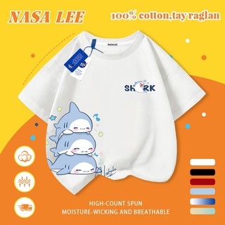 [Giao hàng trong ngày] Áo thun Cotton nguyên chất màu trắng cho trẻ em NASA Áo thun Cotton thoáng khí hoạt hình cá mập in hợp thời trang 3-16 tuổi bé trai bé gái tay ngắn thông thường