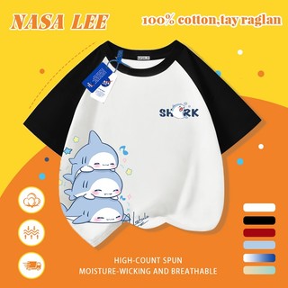 [Giao hàng trong ngày] Áo thun Cotton nguyên chất màu trắng cho trẻ em NASA Áo thun Cotton thoáng khí hoạt hình cá mập in hợp thời trang 3-16 tuổi bé trai bé gái tay ngắn thông thường