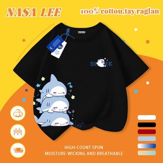 [Giao hàng trong ngày] Áo thun Cotton nguyên chất màu trắng cho trẻ em NASA Áo thun Cotton thoáng khí hoạt hình cá mập in hợp thời trang 3-16 tuổi bé trai bé gái tay ngắn thông thường