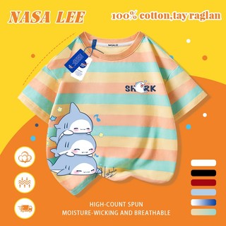 [Giao hàng trong ngày] Áo thun Cotton nguyên chất màu trắng cho trẻ em NASA Áo thun Cotton thoáng khí hoạt hình cá mập in hợp thời trang 3-16 tuổi bé trai bé gái tay ngắn thông thường