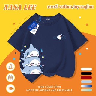 [Giao hàng trong ngày] Áo thun Cotton nguyên chất màu trắng cho trẻ em NASA Áo thun Cotton thoáng khí hoạt hình cá mập in hợp thời trang 3-16 tuổi bé trai bé gái tay ngắn thông thường