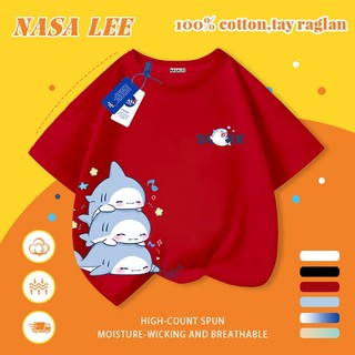 [Giao hàng trong ngày] Áo thun Cotton nguyên chất màu trắng cho trẻ em NASA Áo thun Cotton thoáng khí hoạt hình cá mập in hợp thời trang 3-16 tuổi bé trai bé gái tay ngắn thông thường
